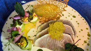 Hamachi “tataki” shiroi daku | avocado | apple-wasabi sorbet | pickled japanese veggies | char caviar