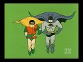 http://uraniumcafe-the.com 
batman theme song

some wikipedia info:

in the early 1960s, ed graham productions optioned the tv rights to batman, and planned a straightforward juvenile adventure show, much like adventures of superman and the lone ranger, for cbs on saturday mornings. mike henry, who would later go on to star in the tarzan franchise, and is best known for his portrayal of jackie gleason's dipstick son in the smokey and the bandit movies, was set to star as batman. reportedly, dc comics commissioned publicity photos of henry in a batman costume. around this same time, the playboy club in chicago was screening the batman serials (1943's batman and 1949's batman and robin) on saturday nights. it became very popular, as the hip partygoers would cheer and applaud the dynamic duo, and boo and hiss at the villains. east coast abc executive yale udoff, a batman fan in childhood, attended one of these parties at the playboy club and was impressed with the reaction the serials were getting. he contacted west coast abc executives harve bennett and edgar scherick, who were already considering developing a tv series based on a comic strip action hero, to suggest a prime time batman series in the hip and fun style of the man from u.n.c.l.e.
when negotiations between cbs and graham stalled, dc quickly reeled the rights back in and made the deal with abc. abc farmed the rights out to 20th century fox to produce the series. fox, in turn, handed the project to william dozier and his greenway productions. whereas abc and fox were expecting a hip and fun, yet still serious, adventure show, dozier, who loathed comic books, concluded the only way to make the show work was to do it as a pop art camp comedy. originally, mystery novelist eric ambler was to write the motion picture that would launch the tv series, but he dropped out after learning of dozier's camp comedy approach.
by the time abc pushed up the debut date to january 1966, thus foregoing the movie until the summer hiatus, lorenzo semple jr. had signed on as head script writer. he wrote the pilot script, and generally kept his scripts more on the side of pop art adventure. stanley ralph ross, stanford sherman, and charles hoffman were script writers who generally leaned more toward camp comedy, and in ross' case, sometimes outright slapstick and satire. instead of producing a one-hour show, dozier and semple decided to have the show air twice a week in half-hour installments with a cliffhanger connecting the two episodes, echoing the old movie serials. initially, dozier wanted ty hardin to play batman, but he was unavailable, filming westerns in europe. eventually, two sets of screen tests were filmed, one with adam west and burt ward, the other with lyle waggoner and peter deyell, with west and ward winning the roles.