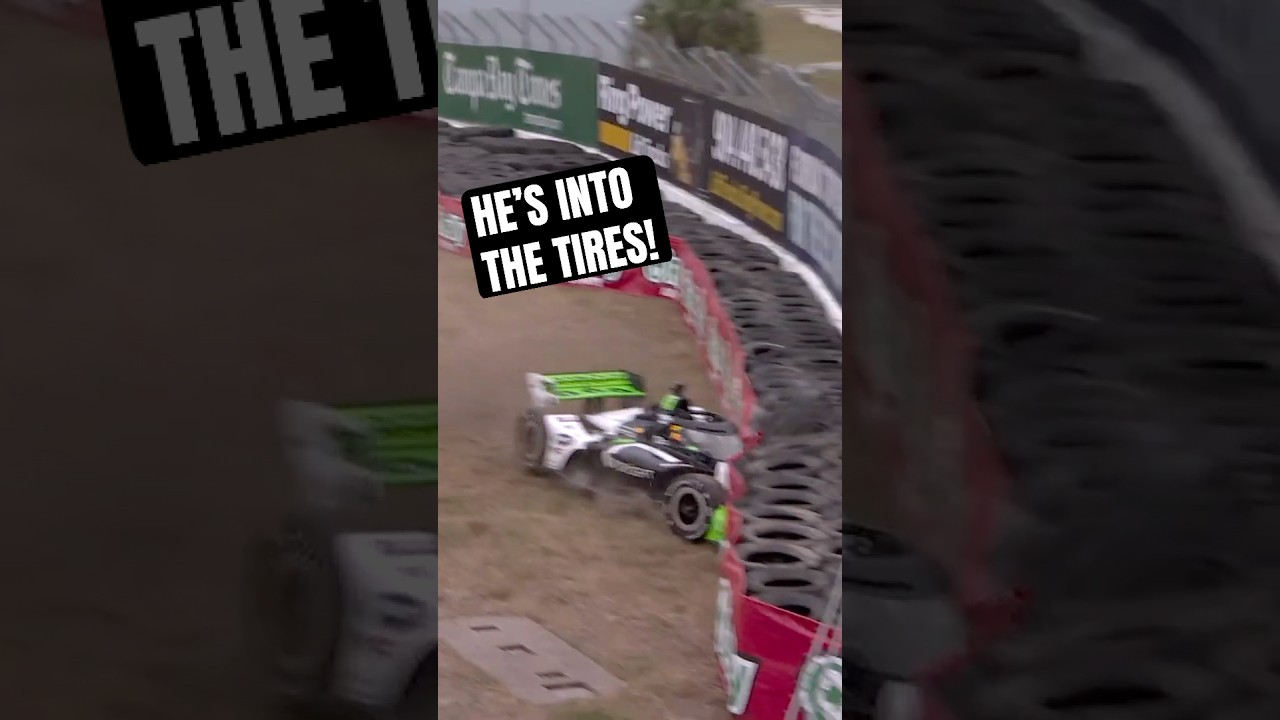 Into the tire barrier! 😬 #indycar #racing #stpetersburg #louisfoster