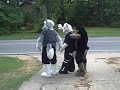 waving at cars in fursuit