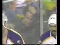matthew barnaby goes after claude lemieux and a scrum ensues.  rob ray then gets ahold of lemieux and the scrum starts again.  ray then pounds lemieux.  i have no idea why ray needed to take his jersey off to fight lemieux though.