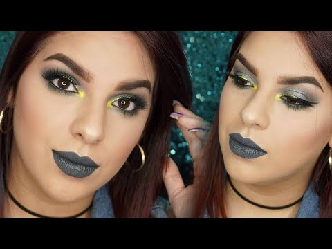 Maquillaje Gris Con Un Pop De Color Amarillo Y Verde
