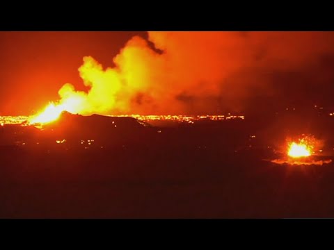 Aerial footage captures volcano spewing lava in Iceland