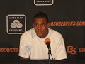 Oregon State WR Damola Adeniji talks with the media before the season opening game against Portland State this Saturday. He's expected to make the first start of his career. He's a senior walk-on from Eugene.