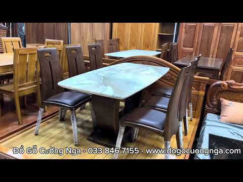 Bàn ăn gỗ sòi nga mặt đá cao cấp 6 ghế 