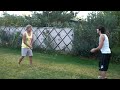 How many times can you toss an egg back and forth, moving further apart with each toss?