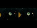 visit http://www.avantgravity.com/3d_solar_system_crosseye.html for a higher-res version of this animation. just cross your eyes until the left and right images converge to form a composite stereoscopic image in the middle. ...a quick 3-d flight to the end of the solar system and back!  the planets are spaced proportionally apart from one another and from their respective moons, but i made them substantially larger than they should be given the distances, just to make them easier to see.  the relative rotational and orbital velocities should be correct (yes, jupiter  and saturn spin about their axes insanely fast...).  i only included moons measuring more than 1,000 km in diameter.