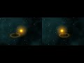 visit http://www.avantgravity.com/3d_solar_system_crosseye.html for a higher-res version of this animation. just cross your eyes until the left and right images converge to form a composite stereoscopic image in the middle. ...a quick 3-d flight to the end of the solar system and back!  the planets are spaced proportionally apart from one another and from their respective moons, but i made them substantially larger than they should be given the distances, just to make them easier to see.  the relative rotational and orbital velocities should be correct (yes, jupiter  and saturn spin about their axes insanely fast...).  i only included moons measuring more than 1,000 km in diameter.