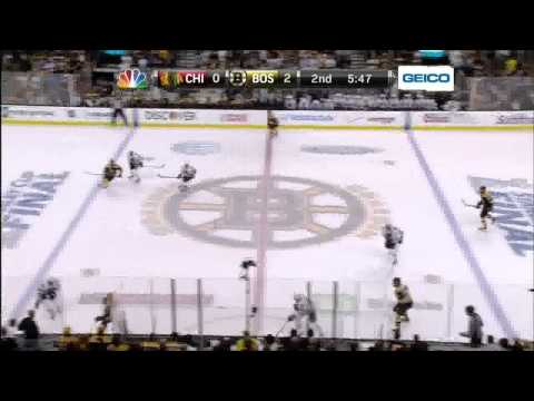 6 0 - Patrice Bergeron snapshot PPG 2-0. 6/17/13 Chicago Blackhawks vs Boston Bruins NHL Hockey. NBC Sports feed. Announcers PBP Doc Emrick, Eddie Olczyk, inside t...