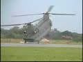 Chinook helicoptor in reverse twin rotor air show display