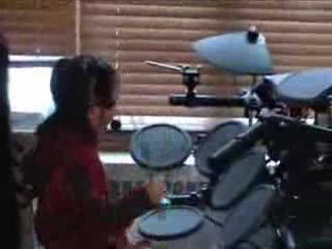 Two person family band drum and synth 6 7 years old drummer