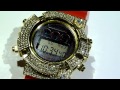 (SOLD)$59 GOLD ICY Lab Made Diamond G-Shock Frogman style watch with RED band!