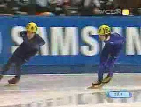 Apolo Ohno - During 1000 meter B finals, competitors Apolo Ohno of the USA and Ho-Suk Lee of Korea inexplicably skate around the short track at a slow rate of speed. The ...
