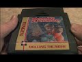 classic game room reviews rolling thunder for nintendo entertainment system, a tengen produced videogame cartridge for the nes. rolling thunder is a super challenging 2d side scrolling adventure game where you play a spy wasting bad guy terrorists who have kidnapped your cute japanese anime girlfriend! careful as you slowly creepy through levels, your spy isn't very touch and can easily be knocked out by any number of colorful hood-wearing bad guys or other foes. rolling thunder can be found as an arcade machine, but this 1989 tengen release for the nintendo is a very good conversion of the game. this cgr review of rolling thunder has rolling thunder nes gameplay showing rolling thunder videogame game play on nintendo entertainmeny system.
