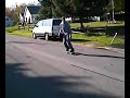 Skateboarding 50-50 grind (round rail)