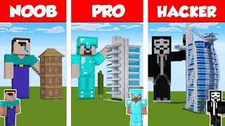 Minecraft NOOB vs PRO vs HACKER: MODERN SKYSCRAPER HOTEL - HOUSE BUILD CHALLENGE in Minecraft