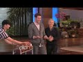 While he was here, John challenged Ellen to shoot some basketball. Ellen's got skills! Check out who came out on top, and who came out covered in silly string.