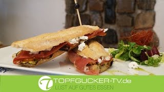 Baguette mit Antipasti Gemüse, Frischkäse, Bresaolafilet | Rezeptempfehlung Topfgucker-TV Baguette mit Antipasti Gemüse, Frischkäse, Bresaolafilet | Rezeptempfehlung Topfgucker-TV