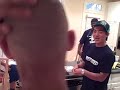patrick's reactions within moments of being shaved completely bald.