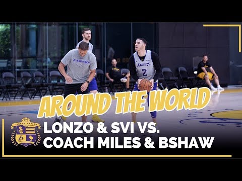 Video: Lakers Training Camp: Lonzo Ball & Svi Mykhailiuk Shootout Against Coach Miles Simon & Brian Shaw