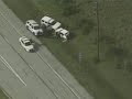 raw video,texas,november 12/08: a police chase through texas' northwest harris county ended when the fleeing driver went the wrong-way on a freeway and collided with an suv wednesday.

the chase started in jersey village shortly before 2 p.m.

police blocked off parts of the freeway to protect other drivers and prevent the fleeing driver from exiting the freeway.

the driver drove eastbound more..in the westbound lanes until he bumped into a vehicle traveling the correct direction, lost control and was hit by an oncoming suv.

the fleeing driver's vehicle spun across the roadway and came to a stop for a moment.

the driver continued for a short while before he lost control again and ended up in a muddy ditch.

police pulled the man out of the vehicle and took him into custody.

investigators said the chase reached speeds of about 100 mph.

detectives said they began chasing the man because he was allegedly breaking windows at a car dealership.