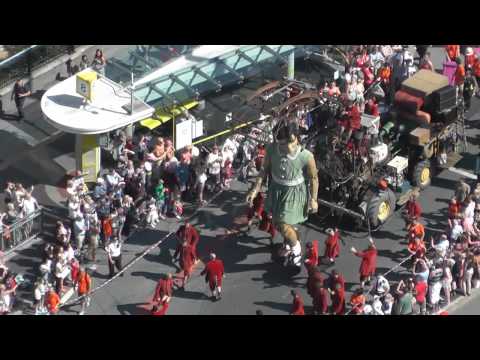 Little Girl Giant and Xolo the Dog walking through Liverpool