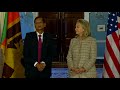 US Secretary of State Hillary Rodham Clinton delivers remarks with Sri Lankan Foreign Minister Gamini Lakshman Peiris at the Department of State in Washington, DC on May 18, 2012. [Go to video.state.gov for more video and text transcript.]