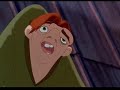 this wins my vote for best foreign version, hands down. french quasimodo is an absolute angel!!!
this video is dedicated to xichotl, who was the first to put it up but had it taken down because disney had a hissy fit. i shall avenge you!!!

le bossu de notre dame -- rien qu'un jour
european french

frollo : 
le monde est cruel,
le monde est m�chant,
je suis le seul qui veuille ton bien dans cette cit�.
je suis ton seul ami.
je te nourris, t'instruis, t'offre un abri.
je regarde ta laideur sans peur.
comment prot�ger ta vie si tu ne demeures pas ici,
toujours ici.
rappelles-toi ce que je t'ai appris quasimodo :
tu es difforme...
 
quasimodo :
... je suis difforme.
 
frollo :
et tu es tr�s laid...
 
quasimodo :
... et je suis tr�s laid.
 
frollo :
ce sont des crimes aux yeux des hommes qui sont sans piti�.
mais tu ne comprends rien...
 
quasimodo : 
... vous �tes mon d�fenseur.
 
frollo :
en bas, ils te traiteront de monstre...
 
quasimodo :
... je suis un monstre.
 
frollo : 
en bas, c'est la haine et le m�pris...
 
quasimodo :
... oui, rien qu'un monstre.
 
frollo : 
tu dois fuir leur calomnie, leur intol�rance,
reste ici, reste moi fid�le...
 
quasimodo : 
... je suis fid�le.
 
frollo :
... reconnaissant.
 
quasimodo :
... reconnaissant.
 
frollo :
fais ce que je dis, ob�is, et reste ici !
 
quasimodo : 
... je reste ici.
a l'abri des fen�tres et des parapets de pierre,
je regarde vivre les gens d'en bas.
chaque jour j'envie leur vie, moi qui vis solitaire,
mais leur histoire je ne la connais pas.
j'apprends leurs chansons, leurs rires, leur visage,
moi je les vois mais eux ne me voient pas.
je voudrais tout � tour rencontrer ces personnages,
rien qu'un seul jour, aux pieds des tours.
tout en bas, vivre au grand soleil,
sans regarder le ciel,
une seule fois,
partager leurs joies.
je crois, qu'ils n'entendent pas,
la voix de mon coeur, qui se meurt,
quand je vois les gens d'en bas.
en bas, j'entends les tisserands, les meuniers et leur femme,
leur bonheur insouciant me br�le et m'enflamme.
leurs cris qui r�sonnent jusqu'au coeur de notre-dame,
font saigner les larmes au coeur de mon �me !
si j'avais cette vie,
je vivrai � la folie !
en bas, sur les bords de seine,
je go�terai la joie, des gens qui se prom�nent.
si pour un jour, un seul jour,
je quittai ma tour,
ce serait merveilleux,
d'�tre heureux,
a mon tour, faire un tour,
alentour de ma tour.
rien qu'un jour, un jour en bas!

frollo : the world is cruel, the world is malicious, i am the only one who wants your welfare in this city. i am your only friend. i feed you, teach you, offer a shelter to you. i look upon your ugliness without fear. how to protect your life if you do not remain here, always here? remember what i taught you quasimodo: you are deformed... 
quasimodo : ... i am deformed. 
frollo: and you are very ugly... 
quasimodo :... and i am very ugly.
frollo : these are crimes in the eyes of men who are without pity. but you do not understand anything...
quasimodo : ... you are my defender.
frollo :down below, they will treat you as a monster...   
quasimodo :... i am a monster.
frollo : down below, it's hatred and contempt. 
quasimodo :... yes, nothing but a monster.
frollo : you must flee their calumny, their intolerance, remain here, remain to me faithful...
quasimodo : ... i am faithful.
frollo :...  recognizing.   
quasimodo :...  recognizing.
frollo : do what i say, obey, and stay here!
quasimodo : ... i stay here.
under the shelter of the windows and parapets of stone, i look at the people living down below. every day i envy their life, me who lives solitary, but their history, i do not know it. i learn their songs, their laughs, their faces, me, i see them, but they do not see me.
i would like in turn to meet these characters, only a single day, at the feet of the towers. all down below, living in the big sun, without looking at the sky a single time, share their joys. i believe that they do not hear the voice of my heart, which dies when i see the people down below! down below, i hear the weavers, the millers and their wives; their carefree happiness burns me and ignites me! their cries that resound to the heart of our lady make tears bleed from the heart of my soul! if i had this life, i would live to the madness! down below, on the edges of the seine, i would taste the joy of people who stroll. if for a day, only one day, i left my tower, it would be marvelous, to be happy, have my turn, to take a tour, around my tower! only one day, one day down below!