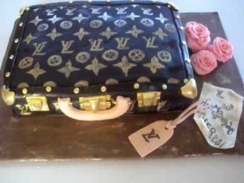 fondant suitcase cake - This cake is for a 30th birthday. The cake is red velvet with cream cheese filling. This cake is covered with chocolate fondant. I hand painted all the LV lo...