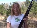 Girl gets out her 12 gauge shot gun and fires off a few rounds. Yes it has a bit of a kick.
