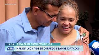 Mãe e filho caem em córrego durante tempestade e são resgatados 