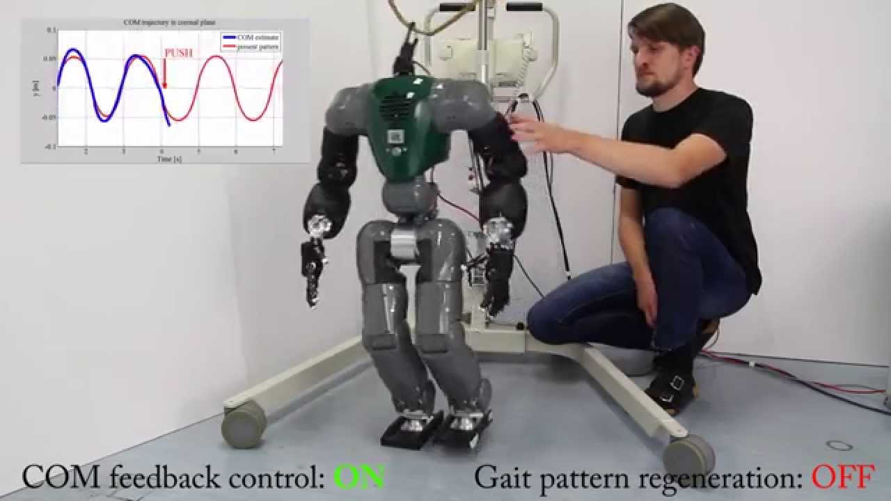 Bipedal walking gait generation for a humanoid robot subjected to external pushes. The robot recovers its stability by changing the step placement and timing.