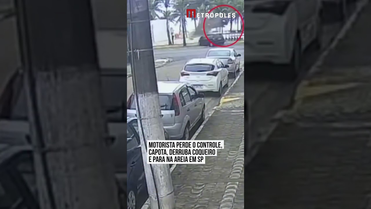 Motorista perde o controle, capota, derruba coqueiro e para na areia em SP