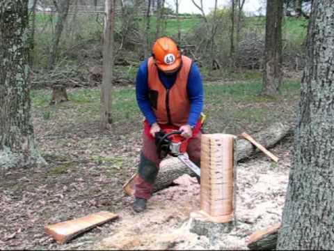 kickback - The instructor demonstrates a chainsaw kickback by directing it horizontally away from himself. Note that he uses only the tip of the saw, but that the saw k...