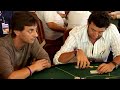 bruel raises to 400 utg with kq of spade.
everyone folds until the big blind that pushes all in for his remaining 27.000 chips and aj of suit !!

bruel, with about 8.000 of chips, does not understand that push (neither do i!!), and folds his kq.