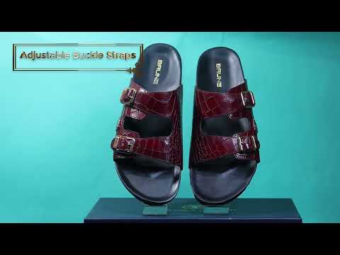 Men Adjustable Buckle Slipper in Wine Deep Cut Leather