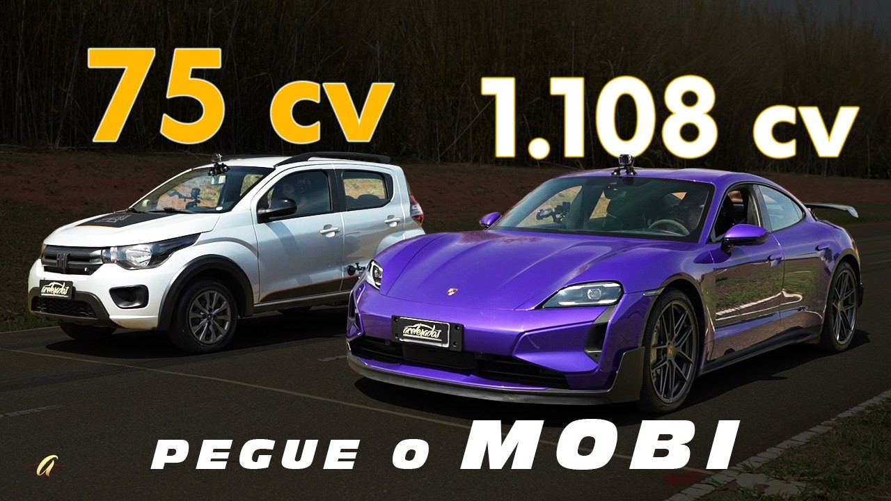 SUPERESPORTIVO DE 1.108 CV x CARRO POPULAR DE 75 CV! Porsche Taycan Turbo GT encara o Pegue o Mobi!
