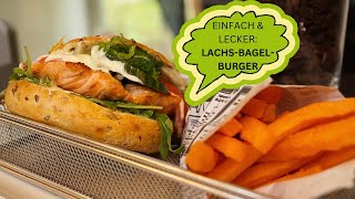 Waldpark - Bagel - Burger mit Lachssteak, Meergrassalat und Wasabidip, Süßkartoffel-Pommes Frites Waldpark - Bagel - Burger mit Lachssteak, Meergrassalat und Wasabidip, Süßkartoffel-Pommes Frites