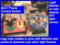 (cm2) coin master 2 is an updated version of my lego mindstorms nxt coin sorter. dump your coins into it's newly designed dual action separator and they are more quickly sorted, counted and totaled. a newly designed synchronized separator/sorting containment system increases coin processing. the sorter uses only 2 nxt motors to accomplish it's task. a lego figure points to the detected coin value as it slides past the nxt light sensor and triggers the indicator light on the control panel....