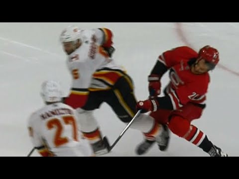 Video: Gotta See It: Aho taken out by Giordano, needs assistance to leave ice