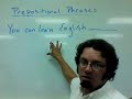 Prepositional phrases provide information about location, time, distance, relationships, etc. An English teacher shows some examples of how they are put together and used.