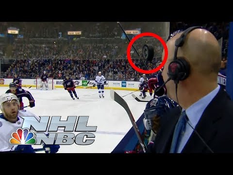 Video: Pierre McGuire narrowly misses a hockey puck to the face | NHL | NBC Sports