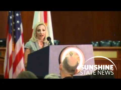 <i>Jim Turner</i>: Dr. Stephanie Haridopolos, a domestic abuse survivor and the wife of Senate President Mike Haridopolos, speaks during a ceremony in the Florida Capitol on April 25, 2012 during National Crime Victims' Rights Week.