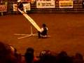 Couple of cowboys on a teeter totter dodge a bull at Midwest