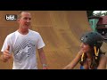 Steve McCann teaches Eva Gabrielle how to carve a vert ramp on a BMX bike.
