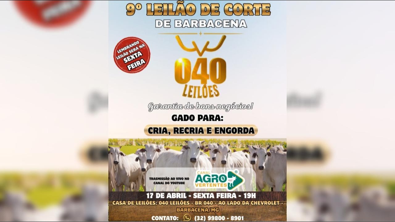9º LEILÃO DE GADO DE CORTE PRESENCIAL E VIRTUAL 040 LEILÕES BARBACENA/MG - 17/04/2026