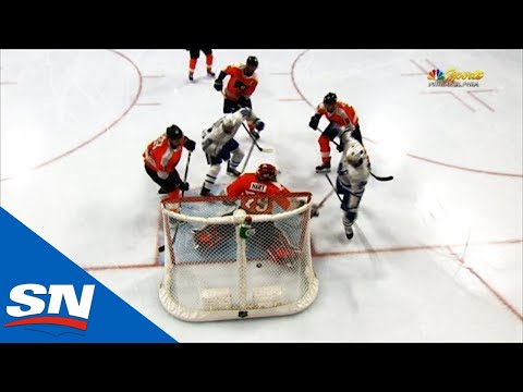 Travis Dermott’s Shot Deflects Off Of Carter Hart’s Blocker And Into The Net