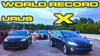 WORLD RECORD REMATCH - New 2019 Tesla Model X Ludicrous vs Lamborghini Urus 1/4 Mile Drag Racing by DragTimes
