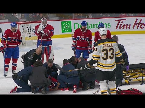 Video: Canadiens’ Danault stretchered off after taking Chara slap shot to the head