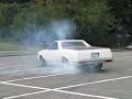 Roasting the tennies in the high shool parking lot. 350-4 speed and a cheater shot of nitrous. Buick grand national 3.48:1 possi rear end, scatter shield, roll bar, drive line loop, Hotchkis springs and arms.